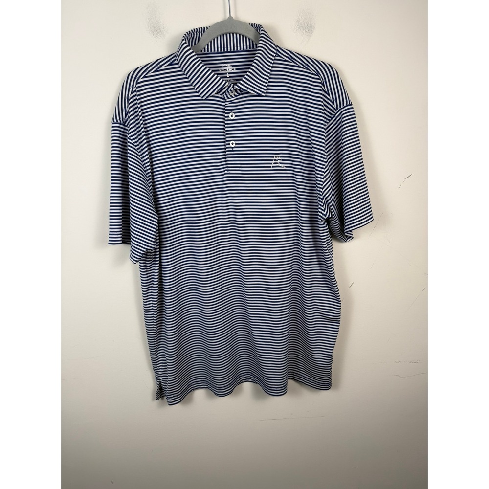 Rhoback Mens Large Performance Polo Shirt Navy Blue White Striped Golf Short Slv